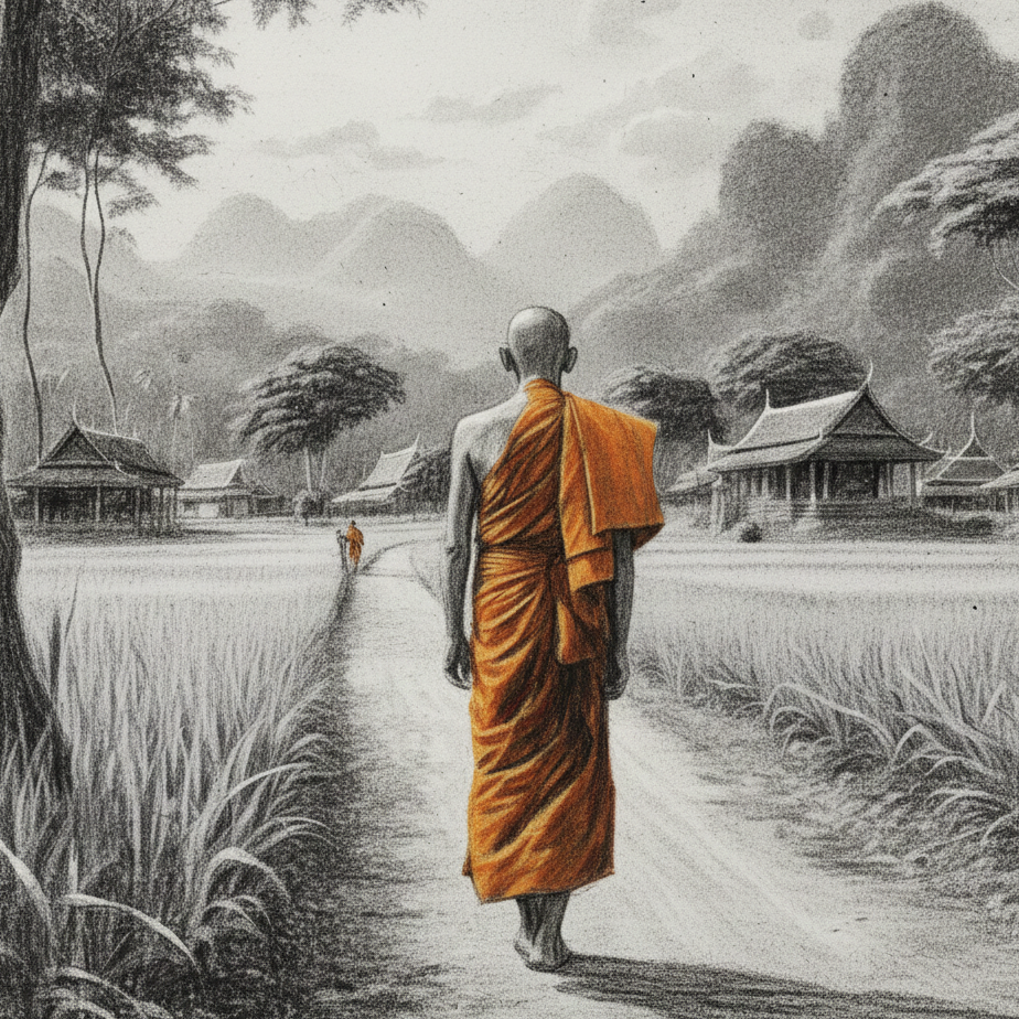 Thai Monk Walking Through The Countryside