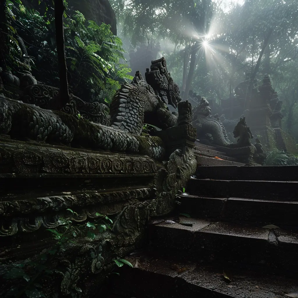 Stone Naga serpents guard stairs at Doi Suthep Chiang Mai temple in misty forest.