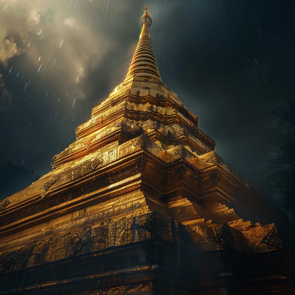 Golden Doi Suthep temple in Chiang Mai during a rainstorm