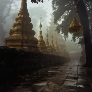 Golden pagodas at Doi Suthep, Chiang Mai, shrouded in mist.
