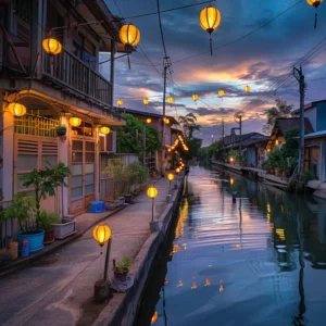 Lanterns light up Mae Kha Canal Chiang Mai at dusk with reflections in the water.