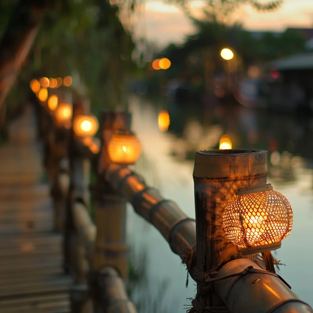 Bamboo railing with lanterns along Mae Kha Canal Chiang Mai at dusk.