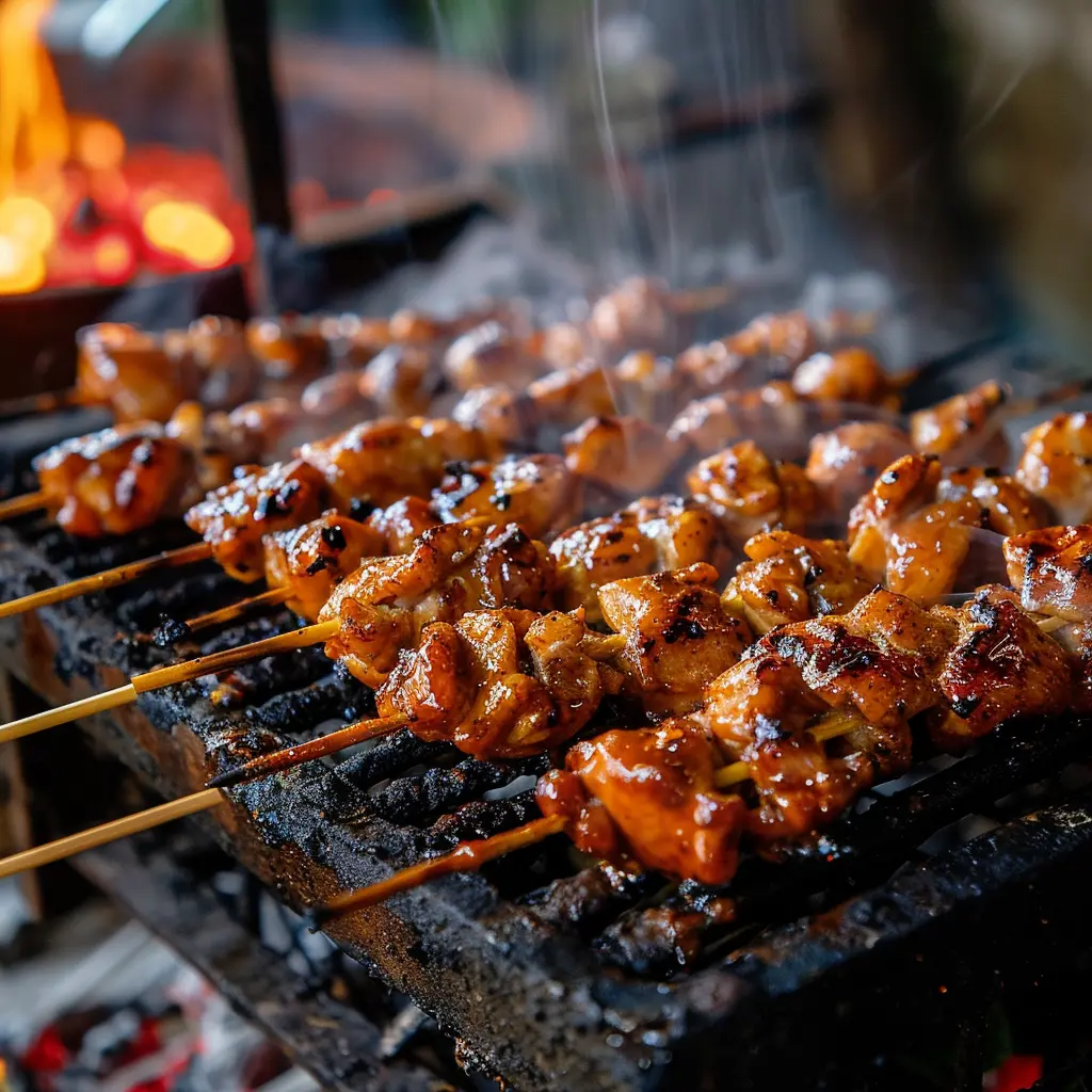Chicken satay grilling over coals at Mae Kha Canal, Chiang Mai.