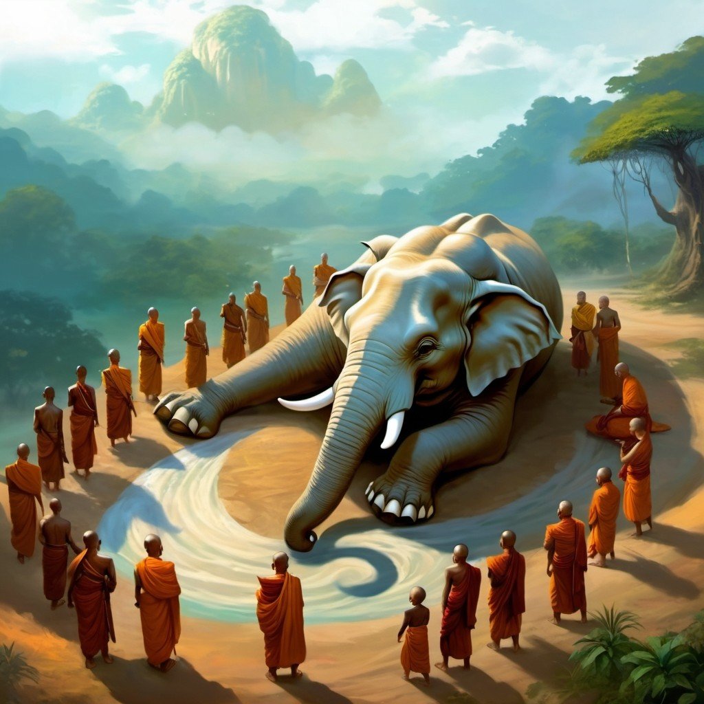 Collapsed White Elephant Surrounded By Monks