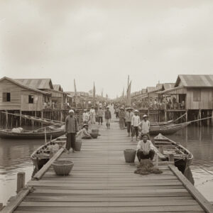 Clan Jetties Penang: People on a wooden pier with stilt houses over water, vintage scene.