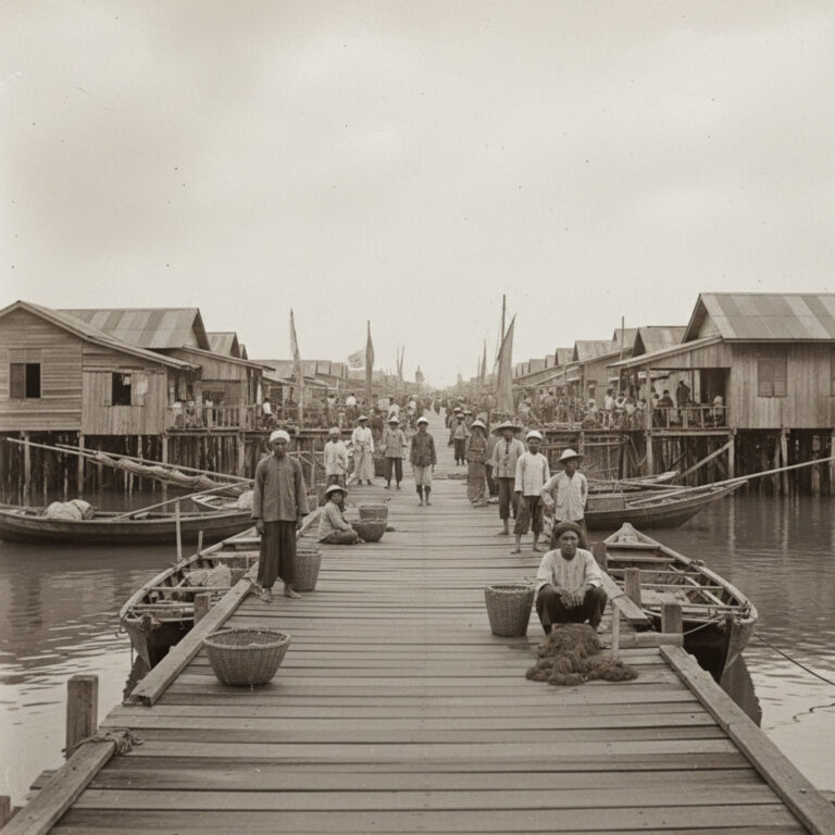Clan Jetties Penang: People on a wooden pier with stilt houses over water, vintage scene.