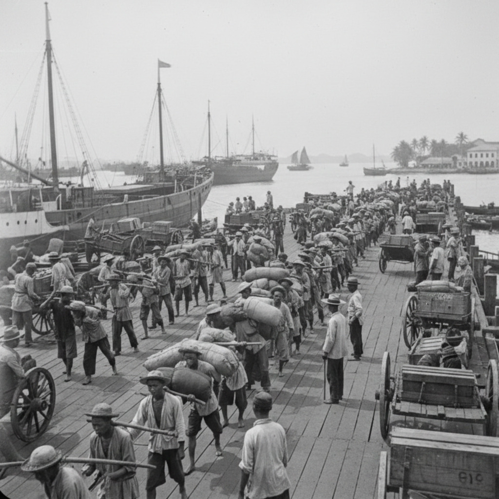 Bustling Chinese port scene with merchant ships, reflecting ancient trade routes.