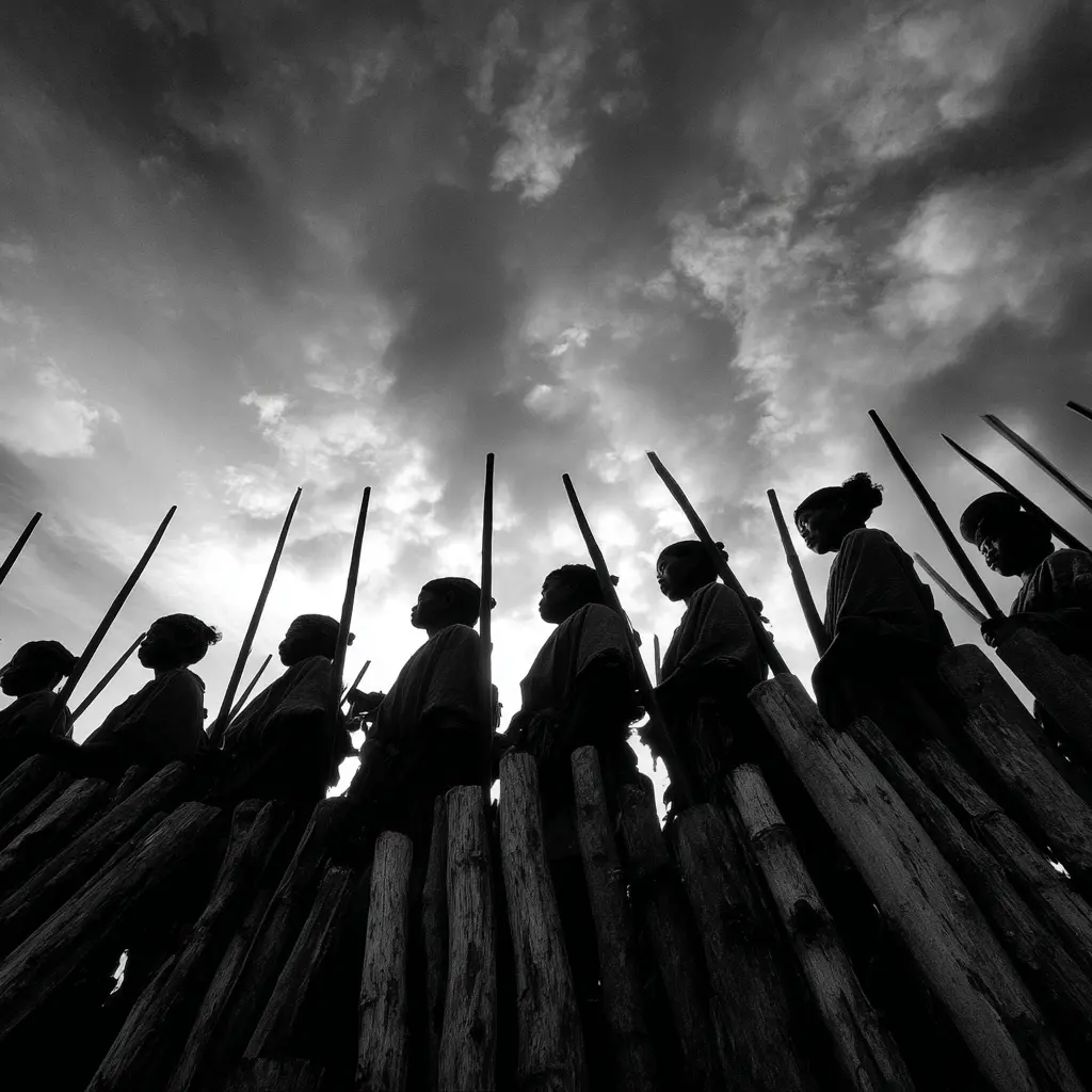 Silhouetted figures with spears stand against a cloudy sky, referencing the history of Phuket.