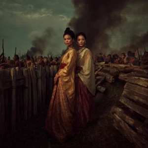 Heroines of Thalang in Phuket history, standing amidst battle smoke.