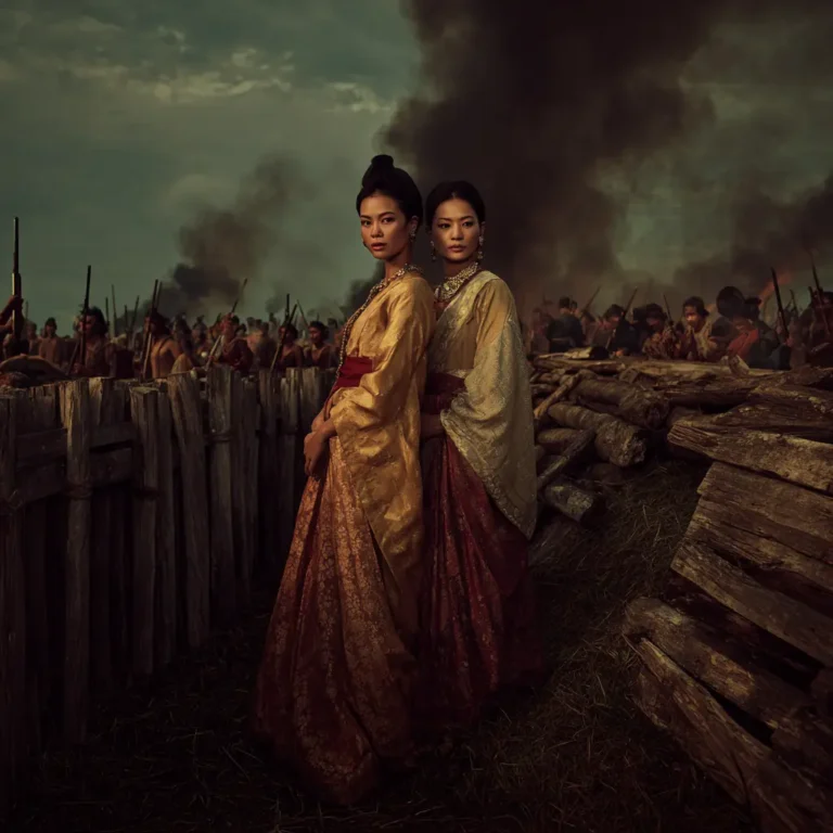 Heroines of Thalang in Phuket history, standing amidst battle smoke.