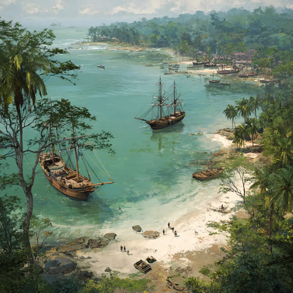 Junk Ceylon, Historic Phuket bay with sailing ships, reflecting the history of Phuket.