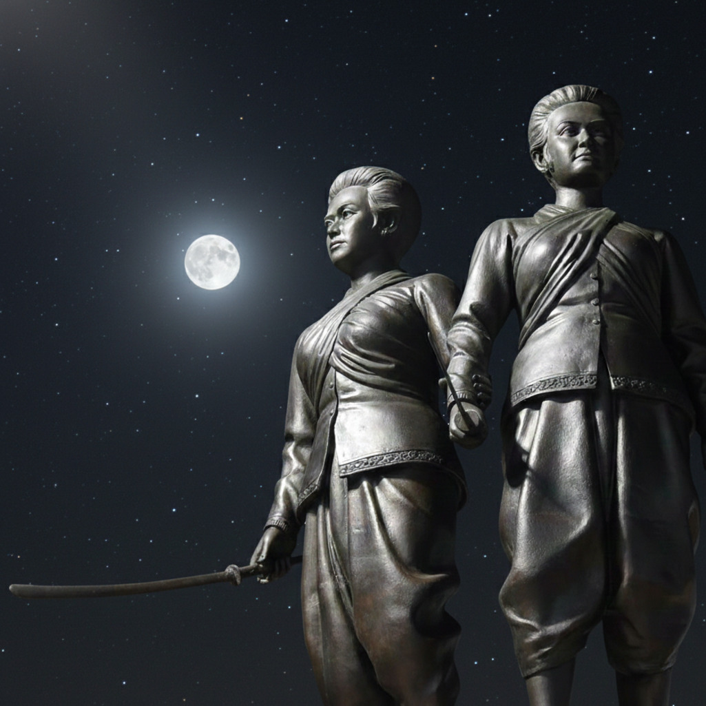 Statues of the Heroines of Thalang against a starry night sky. History of Phuket.