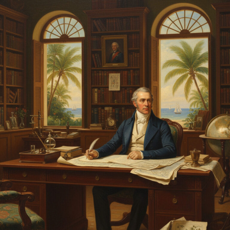 Penang Heritage: A man sits at a desk in a study with maps, books, and tropical views in British Penang.