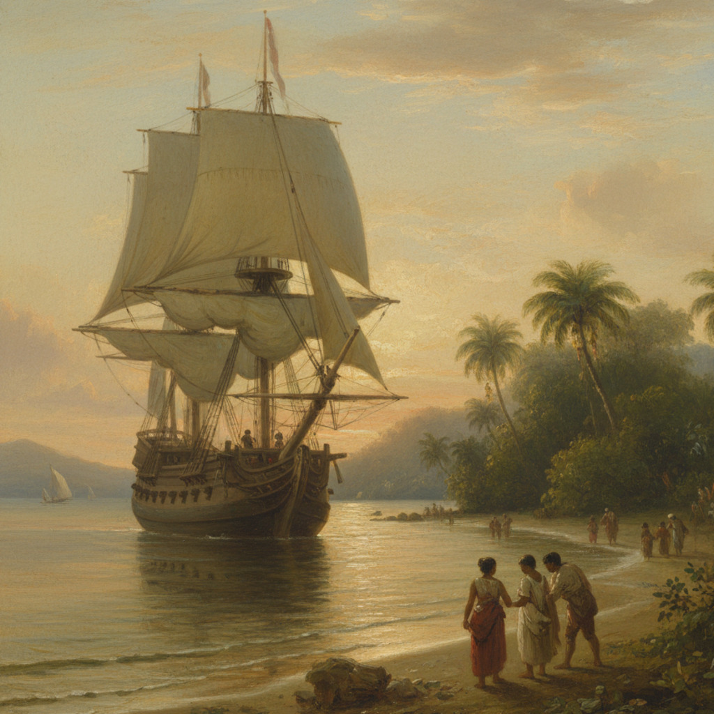 Tall ship arriving at Penang's shore, depicting the history of Penang and George Town.