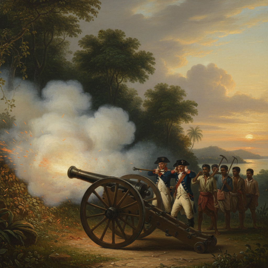 History Of Penang With Cannon Firing Gold Coins Into Jungle