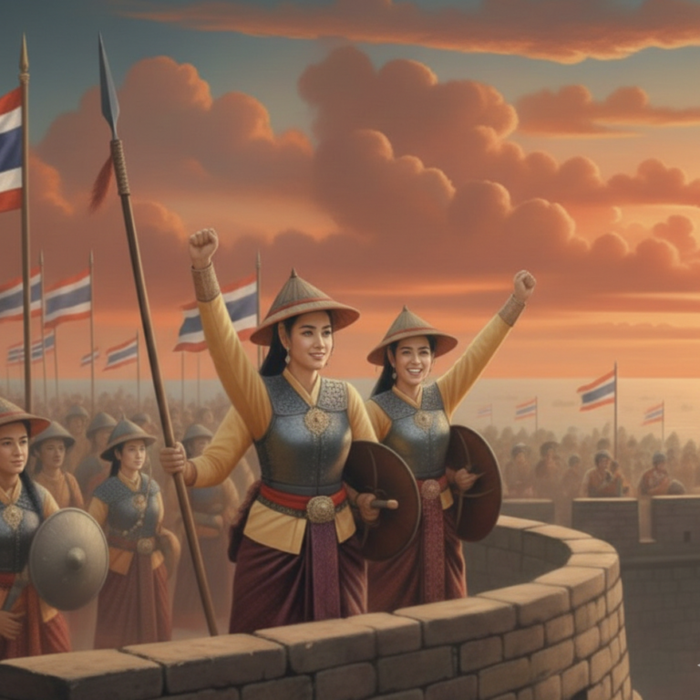 Heroines of Thalang: Thai women warriors on a fortress wall, celebrating victory. History of Phuket.