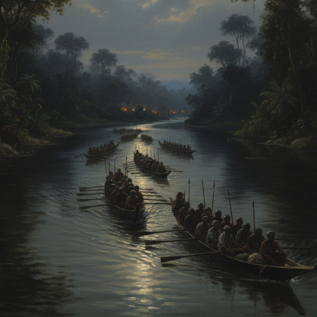 Burmese Soldiers In Boats Arriving Sailing Up River