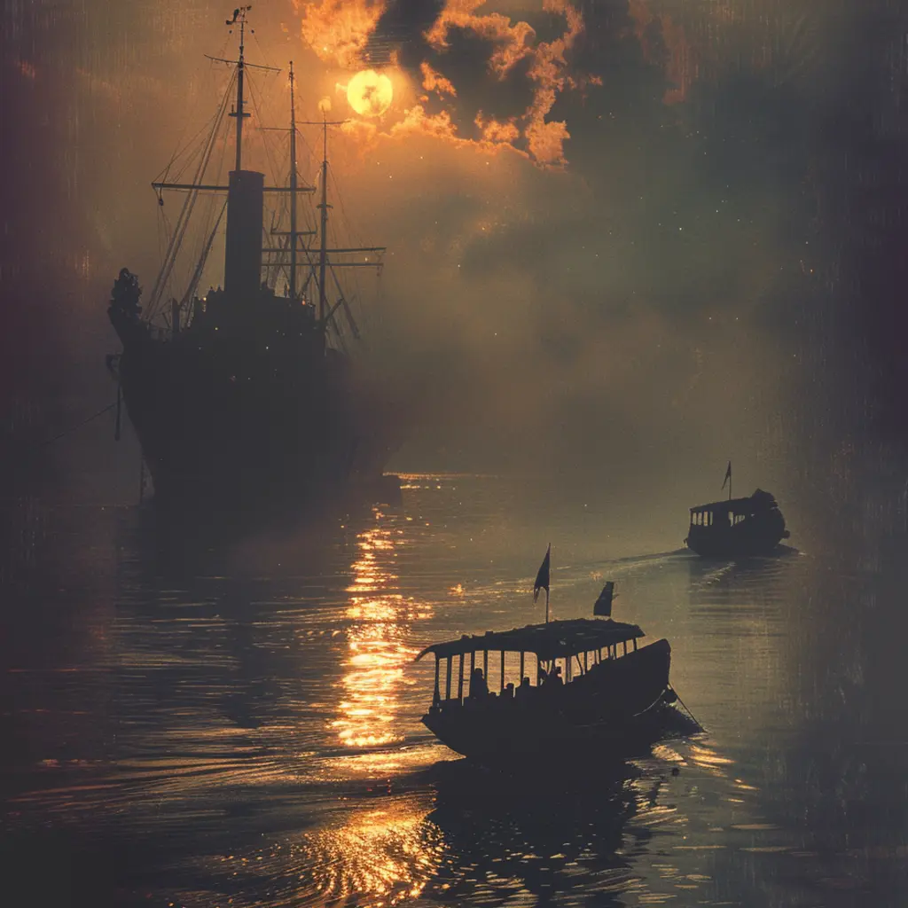 Historic ships in Penang's misty harbor during the founding of George Town