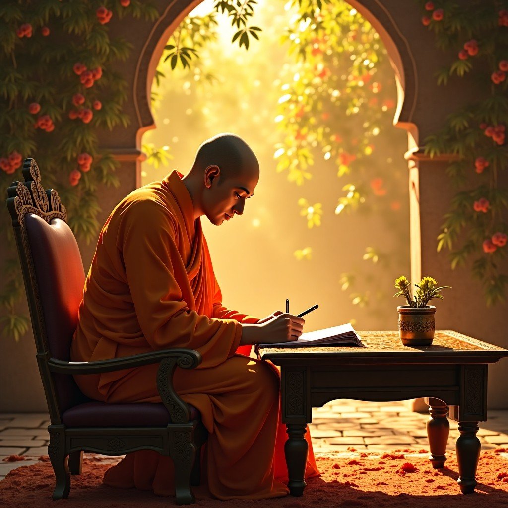 Buddhist Monk Sitting At Table Writing