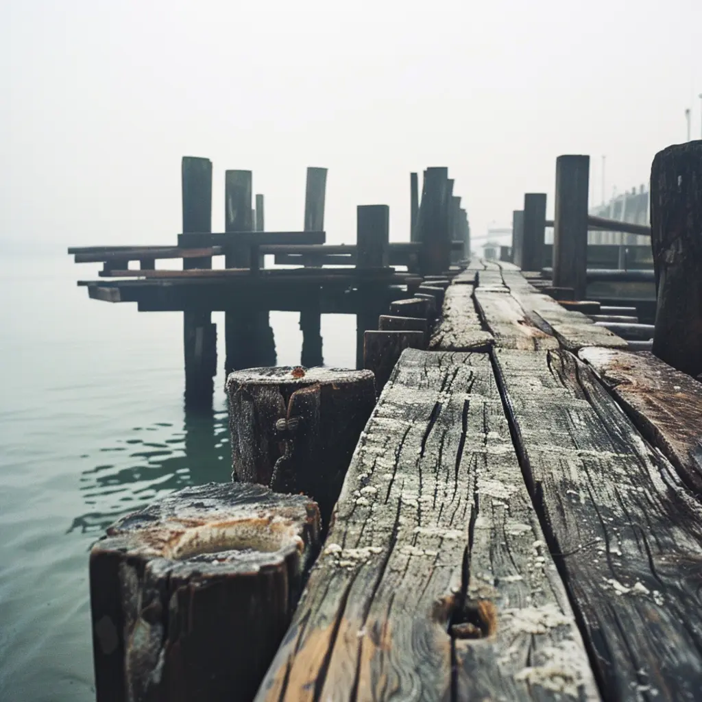 Wooden pier posts and weathered planks on a foggy day, evoking Penang heritage.