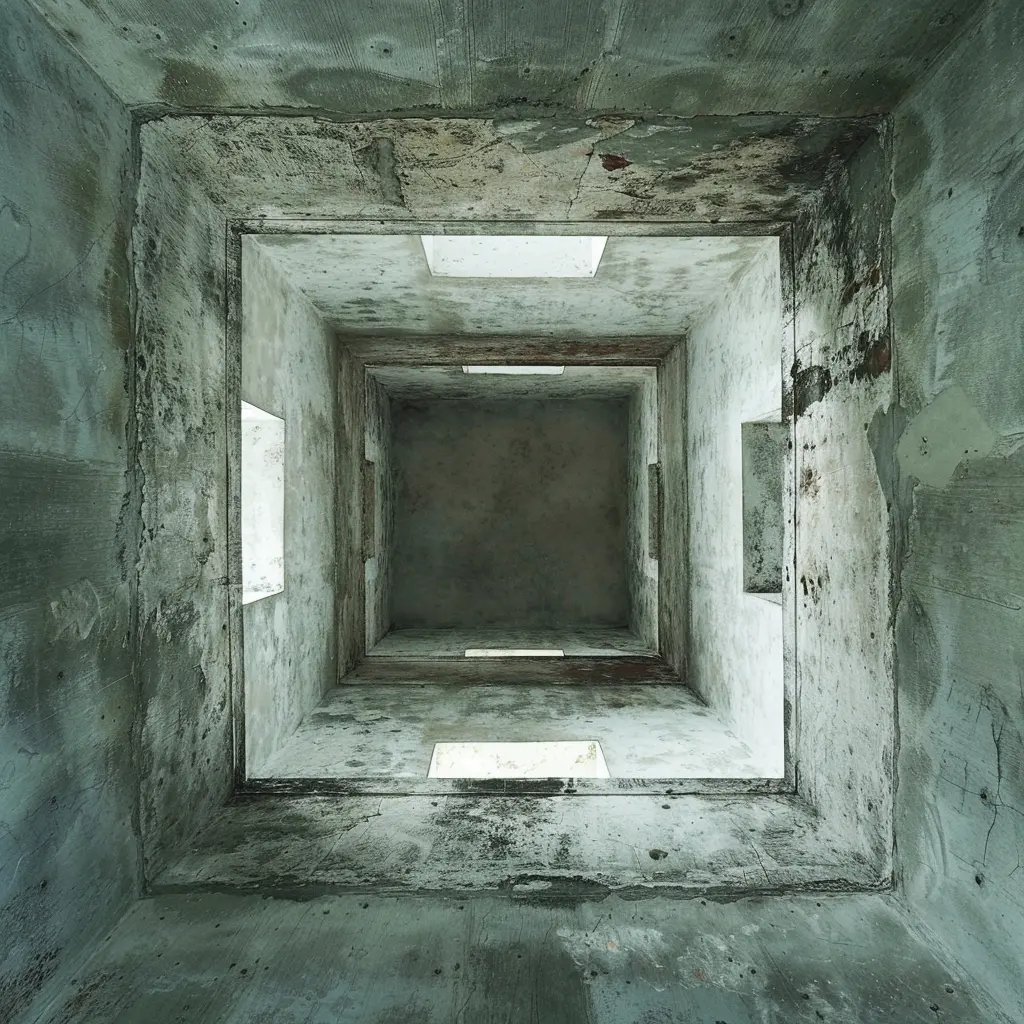 Looking up George Town's Penang heritage building's concrete shaft with windows.