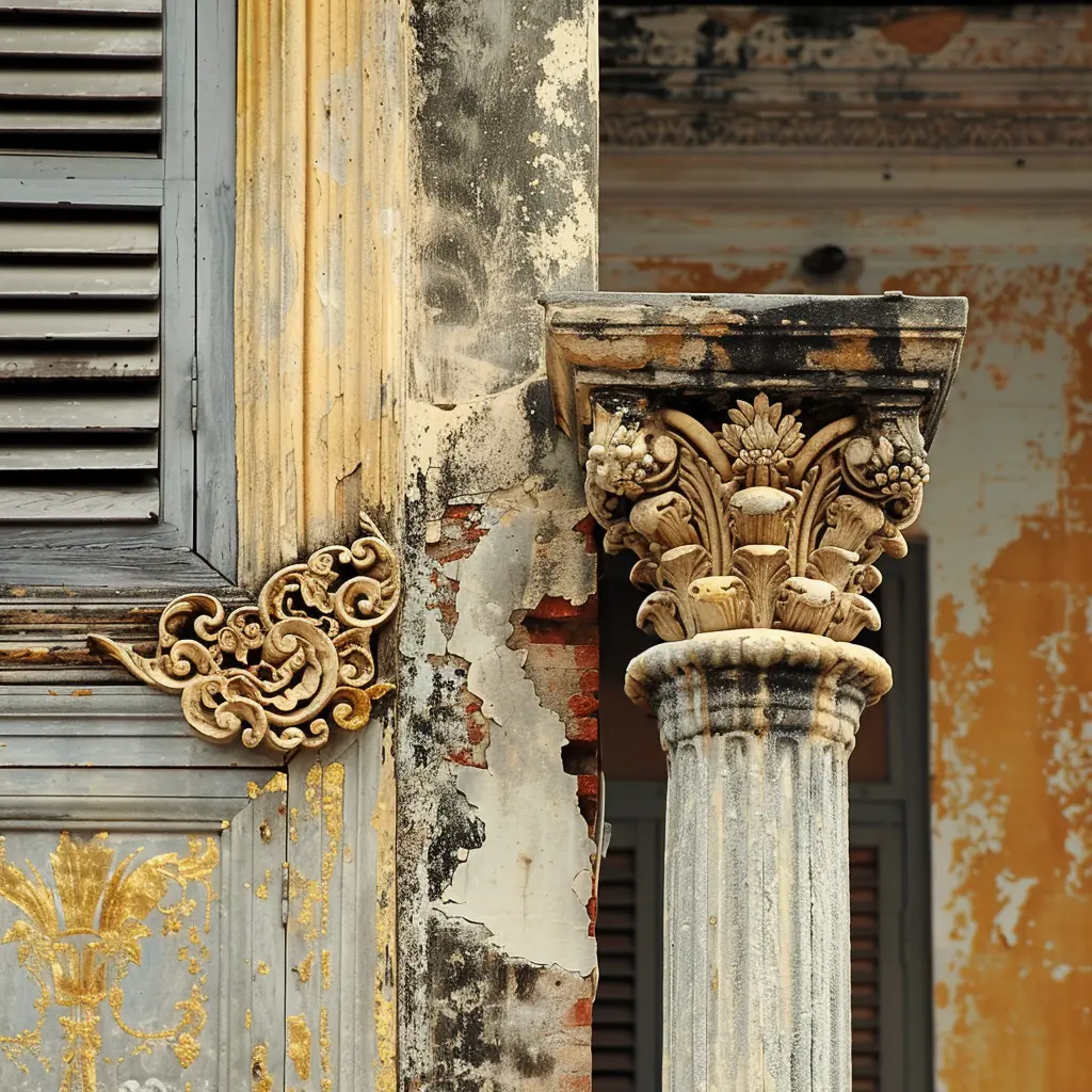 Ornate column and weathered facade detail, Penang heritage architecture