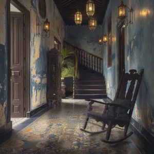 Penang heritage hallway with ornate tiles, wooden rocking chair, and antique lanterns.