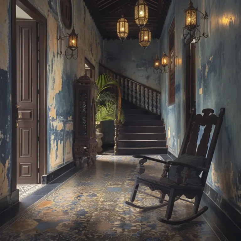 Penang heritage hallway with ornate tiles, wooden rocking chair, and antique lanterns.
