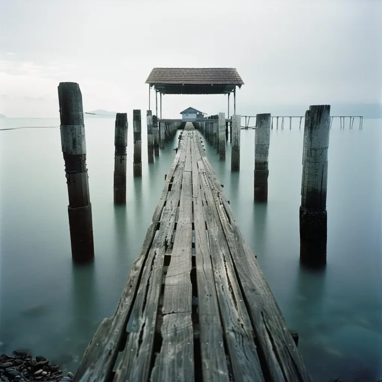 Wooden jetty leading to a covered structure at Clan Jetties Penang