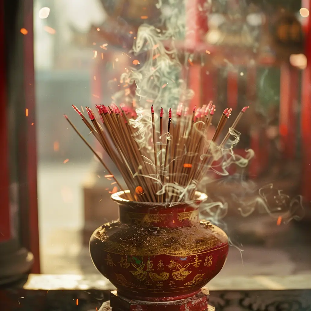 Incense sticks burning in a traditional pot at Clan Jetties Penang