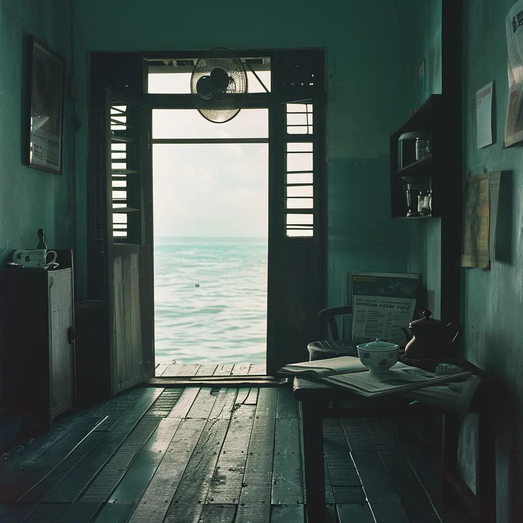 View of the sea from a wooden room at Clan Jetties Penang