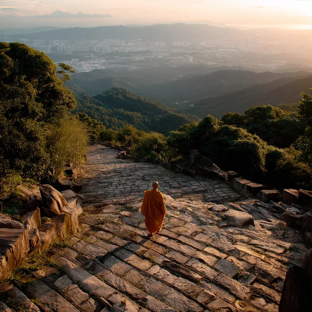 Monk walking down stone steps at Kek Lok Si Temple, Penang, with city view