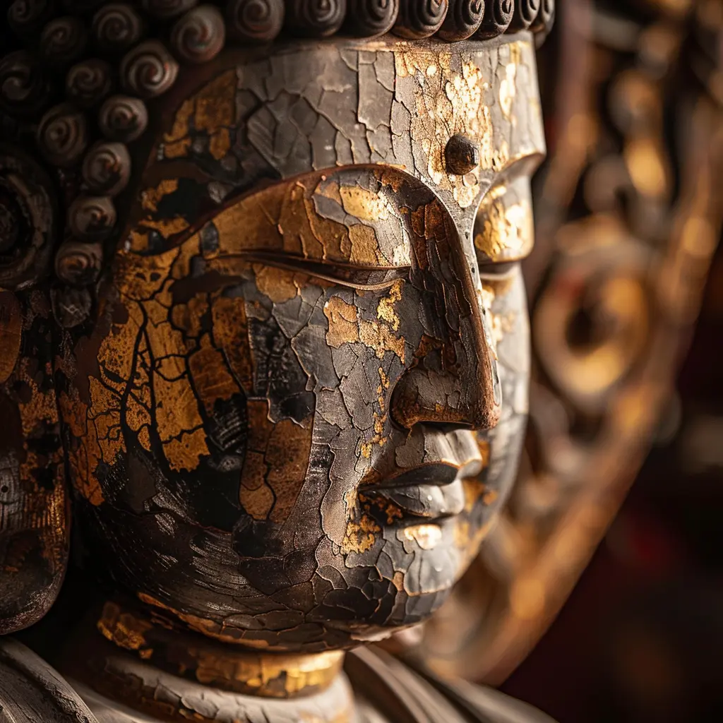 Close-up of an ancient, weathered Buddha statue with cracked gold leaf at Kek Lok Si Temple.