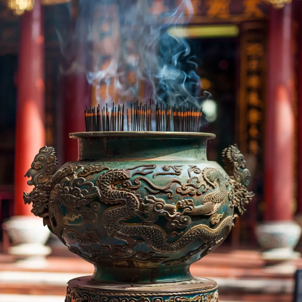 Incense burning in ornate dragon-adorned cauldron at Kek Lok Si Temple
