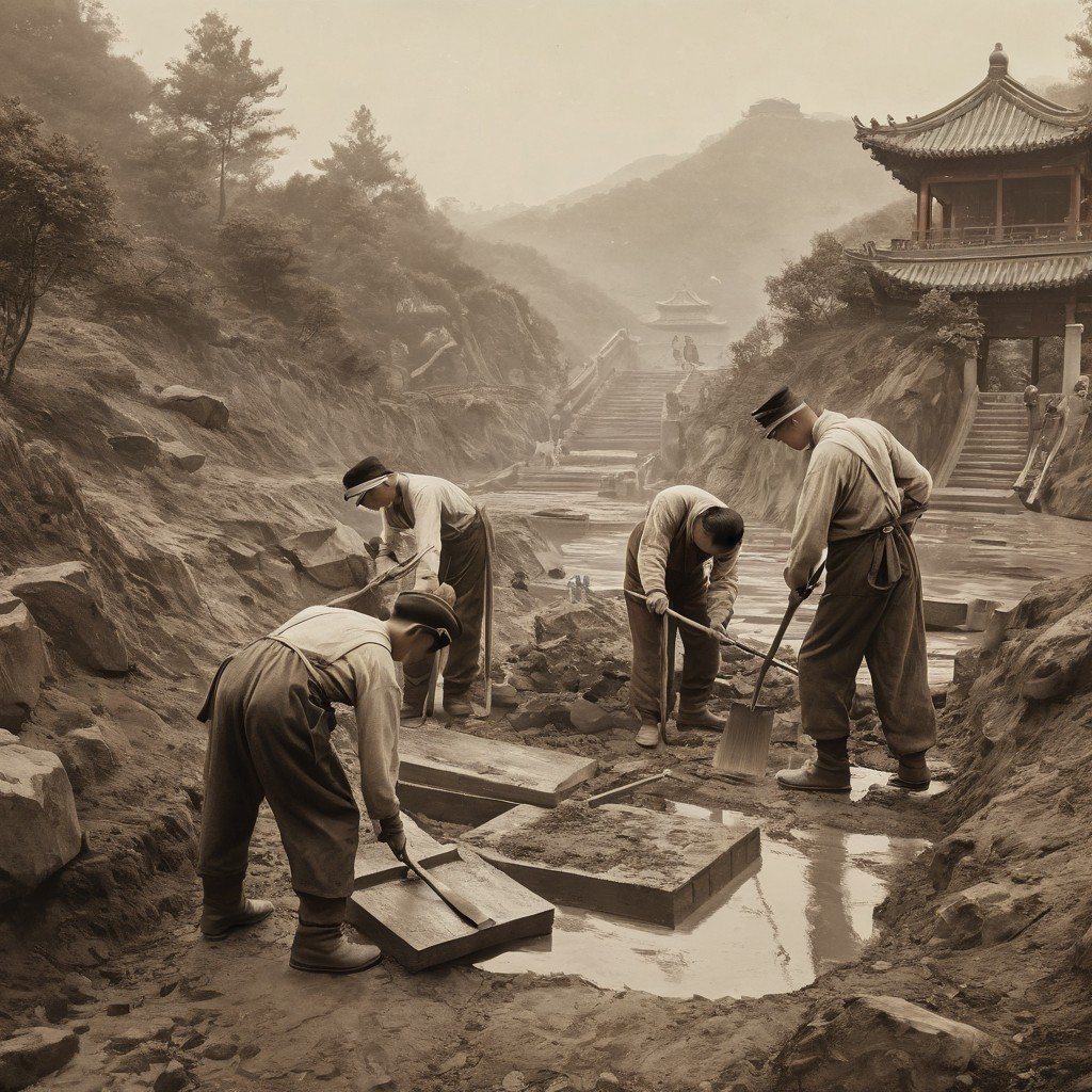 Workmen Laying New Foundations At Kek Lok Si