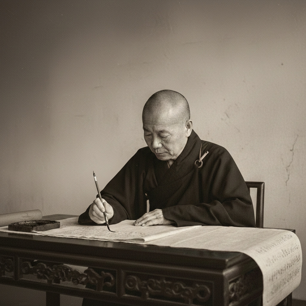 Buddhist Monk Sitting At Table Writing