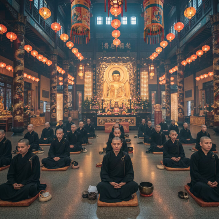 Monks meditating at Kek Lok Si Temple in Penang, Malaysia. Buddha statue in background.