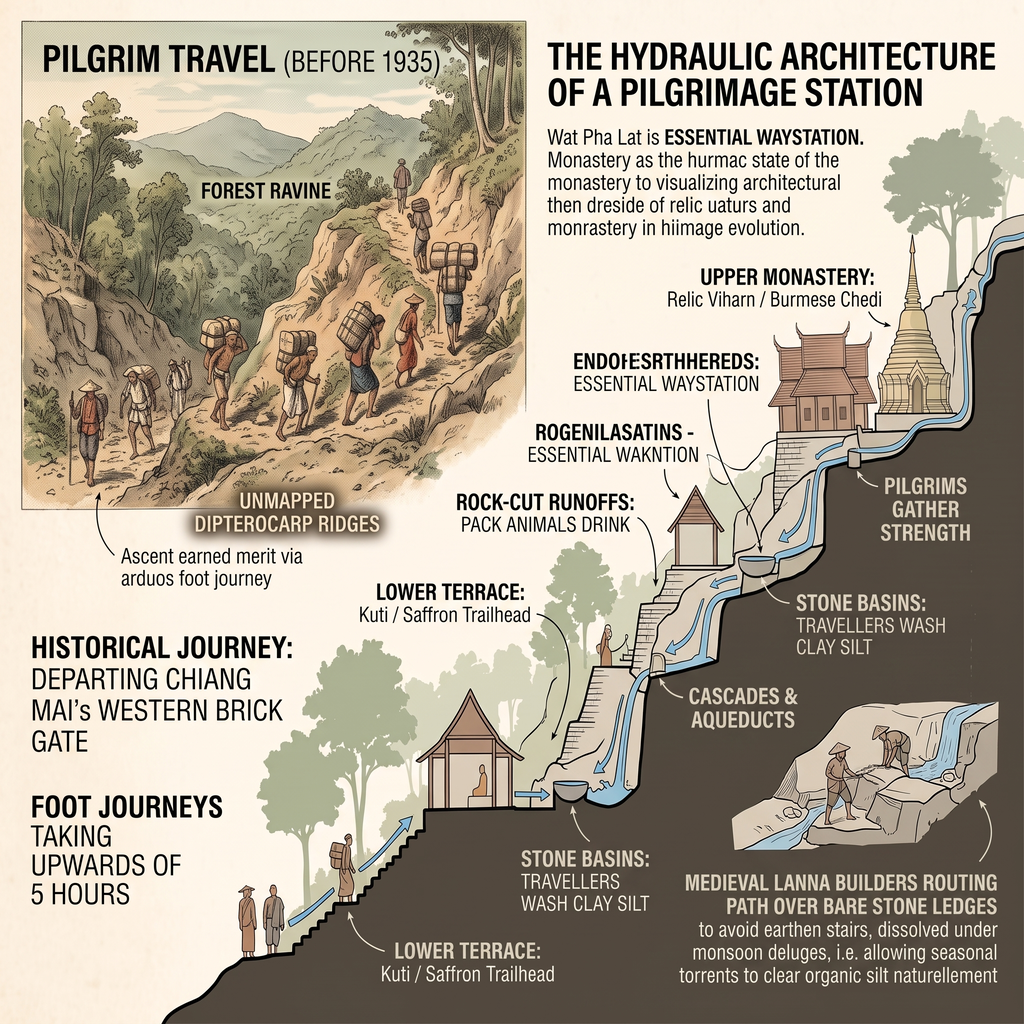 Wat Phra Lat hike: Pilgrims ascend a forest ravine, illustrating hydraulic architecture.