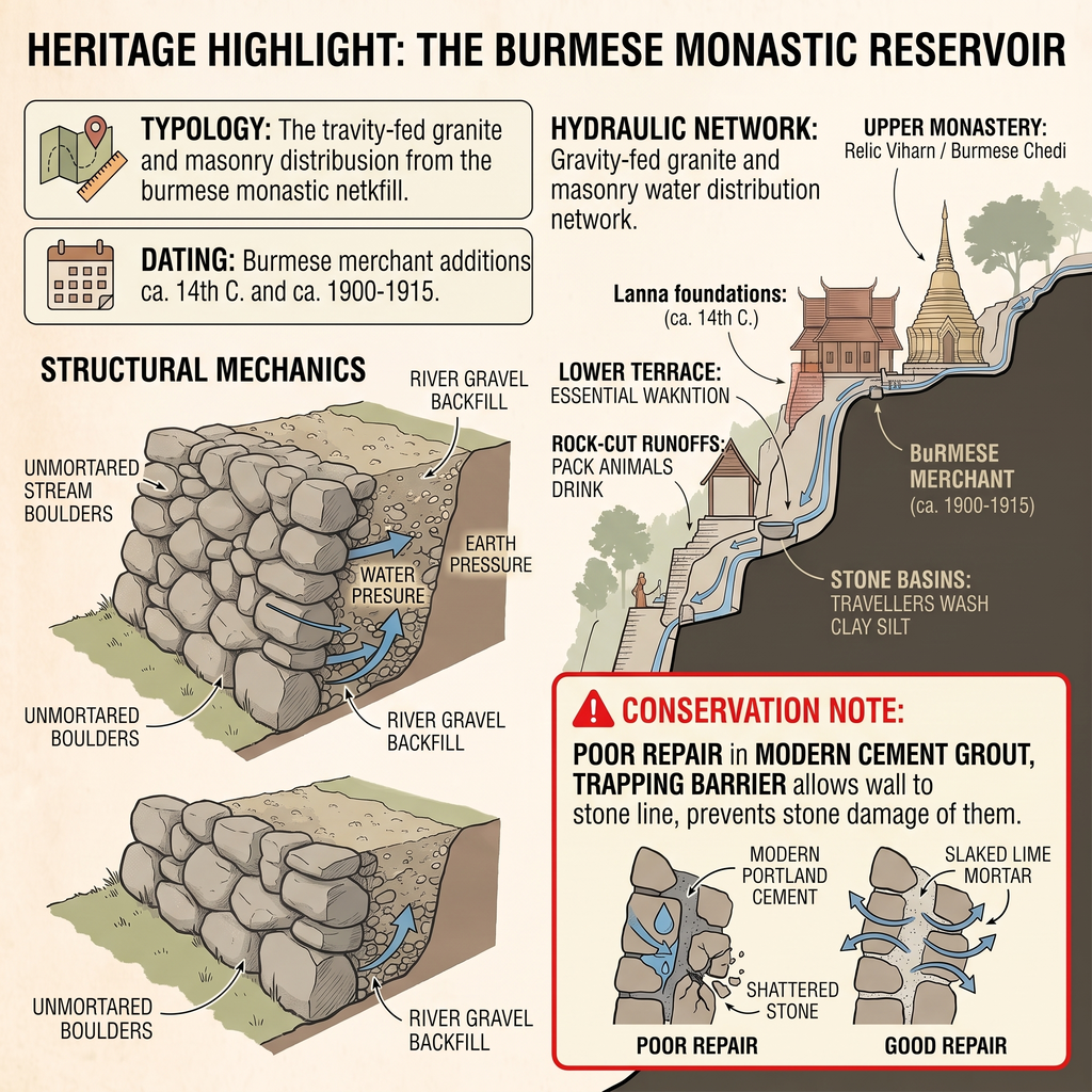 Diagram of Burmese monastic reservoir construction and conservation note for Wat Phra Lat hike.