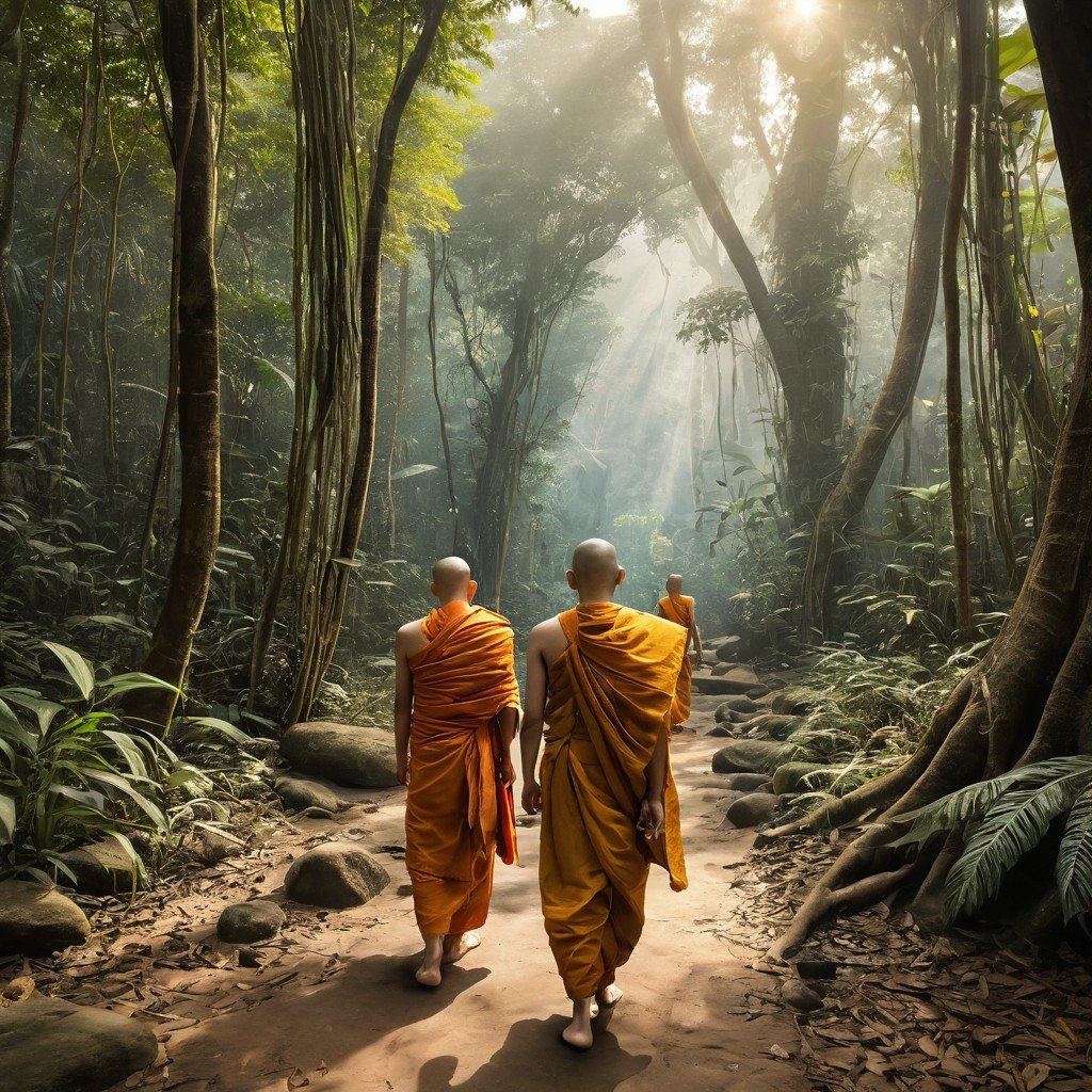 Monks walking through forest to get to Wat Phra Lat Temple