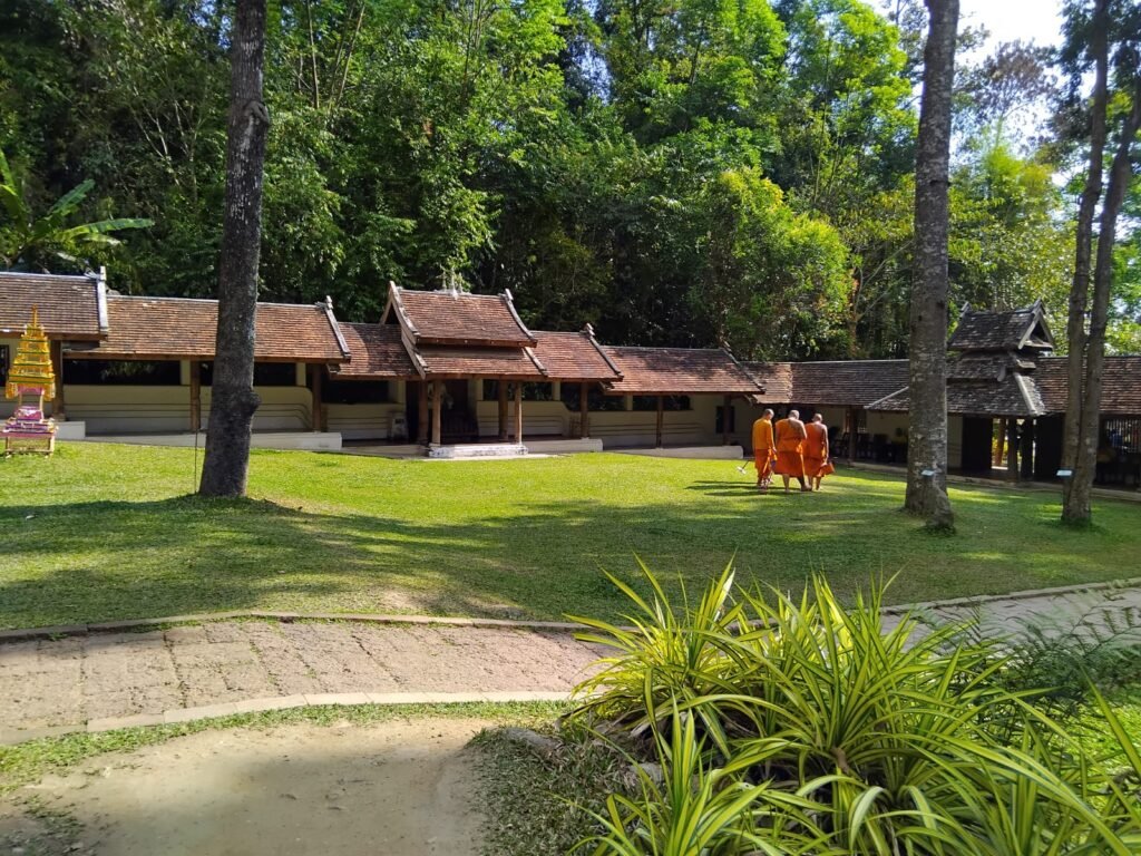 Monks Walking On Freshly Cut Grass Lawn