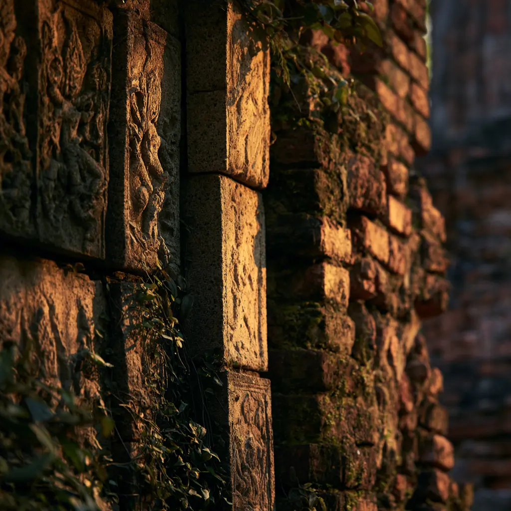 Ancient stone carvings and mossy brick wall in Ayutthaya