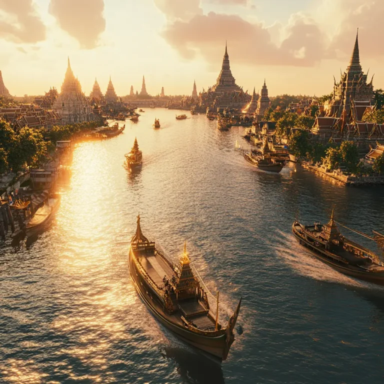 Ayutthaya Kingdom: River scene with ornate boats and temples at sunset.