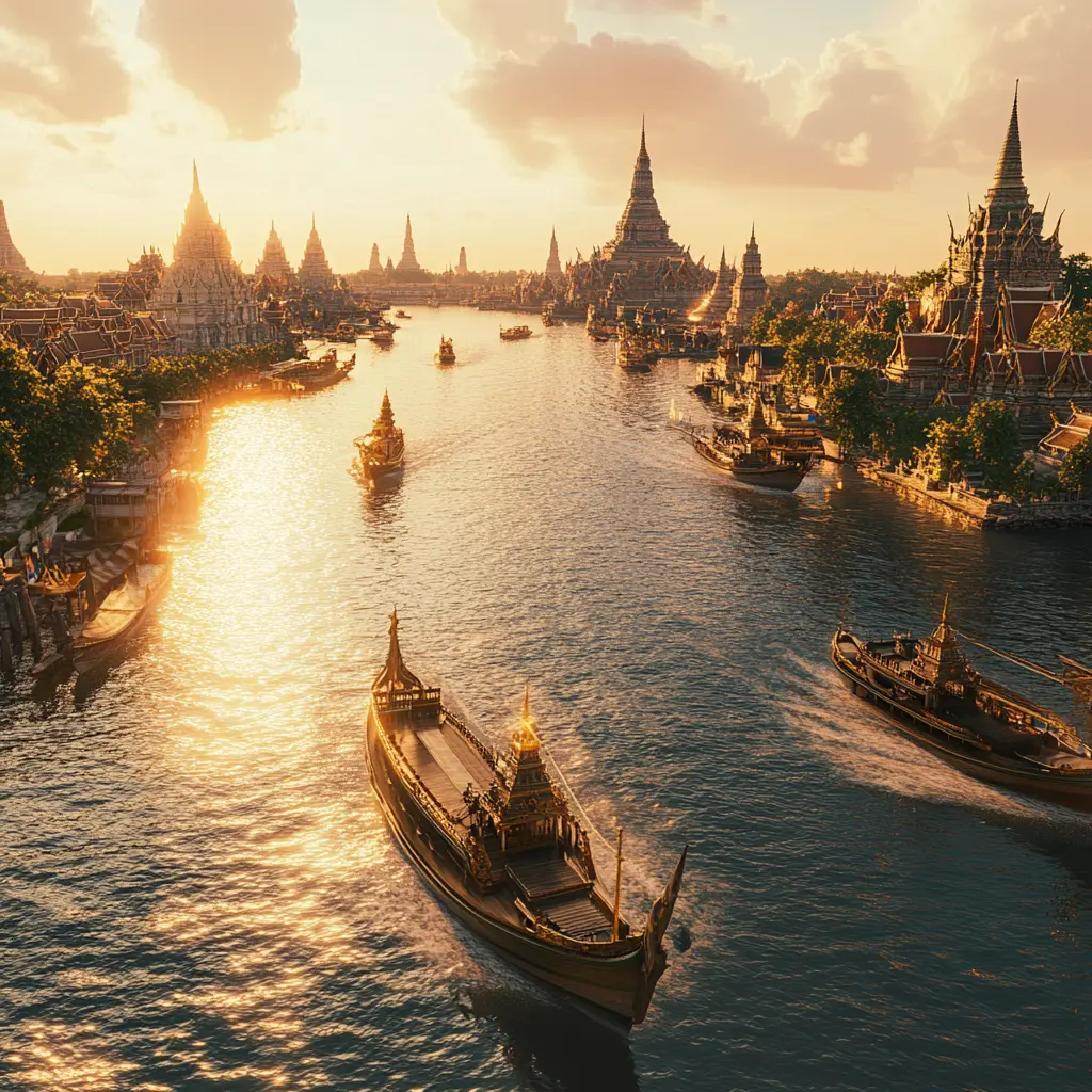 Ayutthaya Kingdom: River scene with ornate boats and temples at sunset.