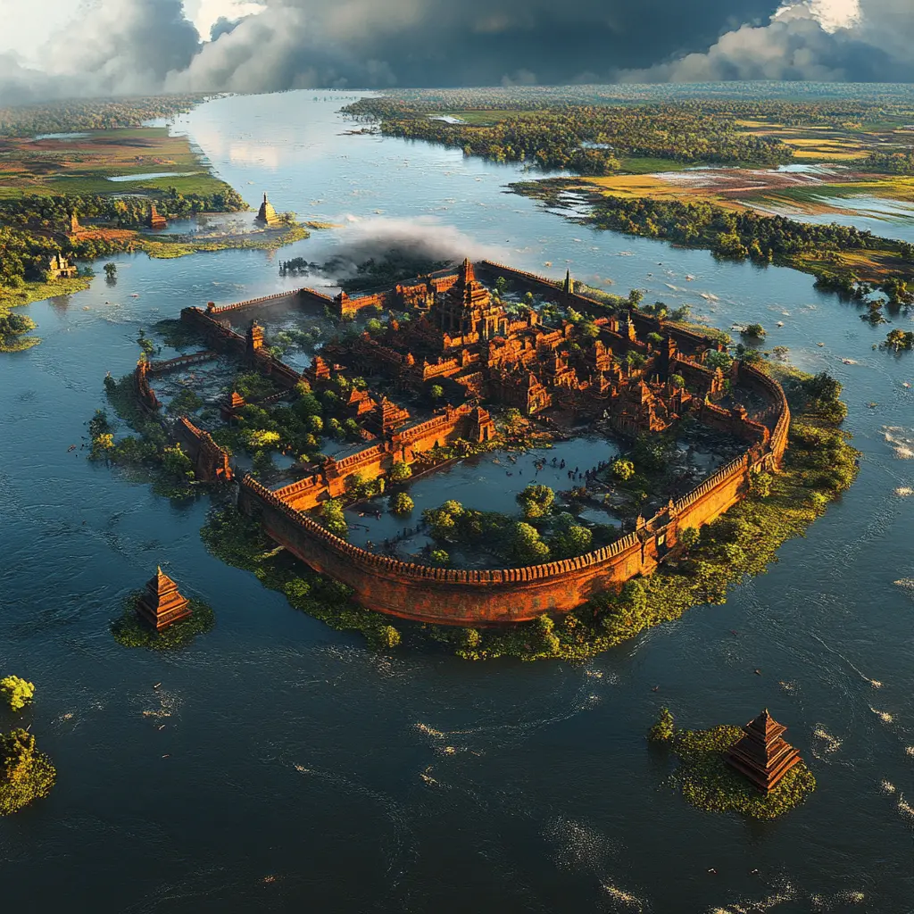 Aerial view of the Ayutthaya Kingdom ruins surrounded by water.