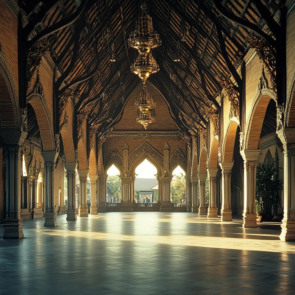 Grand hall in Ayutthaya Kingdom, with ornate architecture and sunbeams