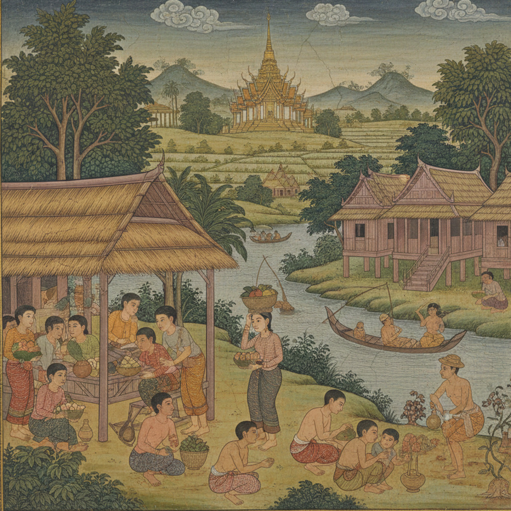 Boats on a river with the Wat Arun temple in the background, reminiscent of the Ayutthaya Kingdom era.