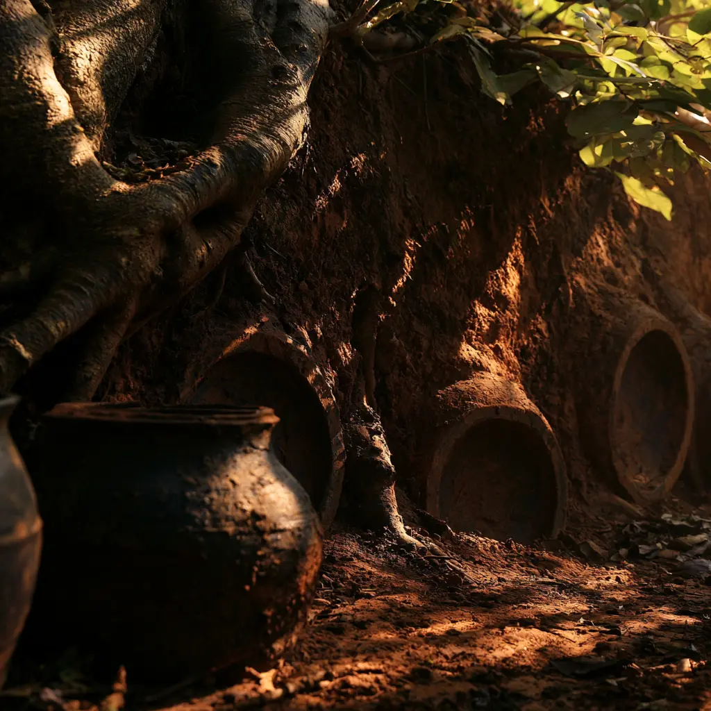 Ancient Ban Chiang pottery jars near tree roots and clay pipes