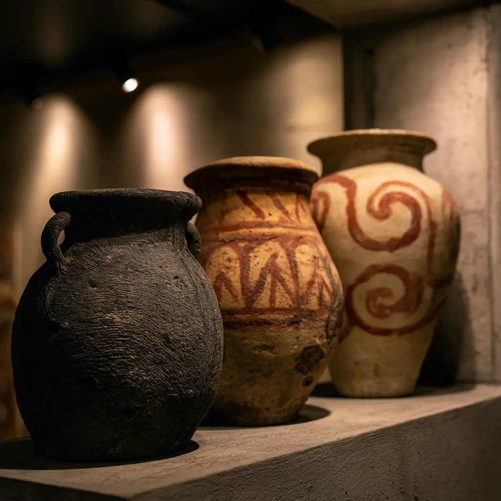 Ban Chiang pottery: three ancient ceramic vessels with decorative patterns
