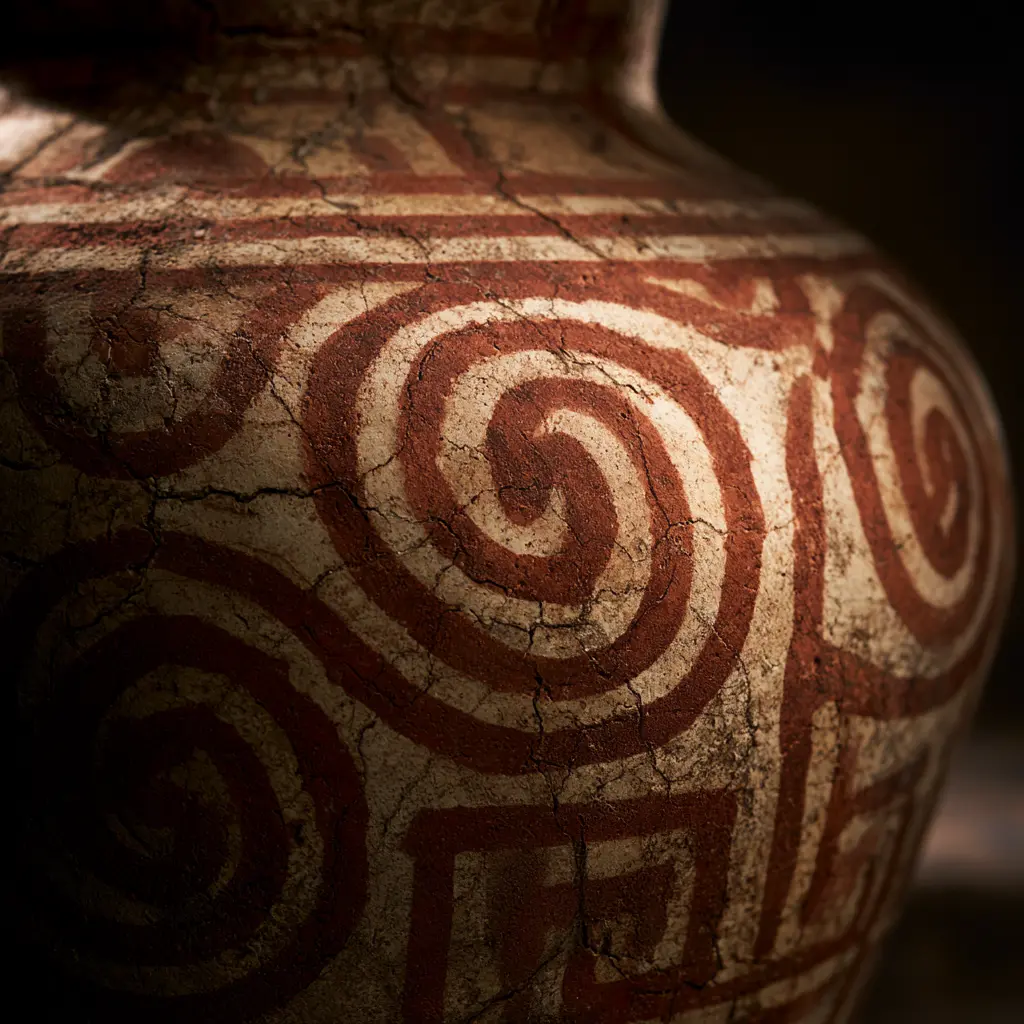 Ancient Ban Chiang pottery with intricate spiral designs